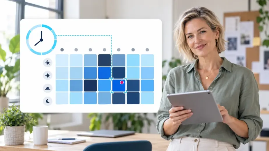 Kalender met warmtekaart van verzendmomenten, een klok en een glimlachende vrouw met een tablet