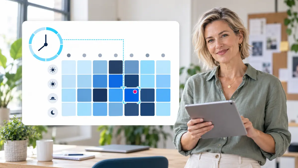 Kalender met warmtekaart van verzendmomenten, een klok en een glimlachende vrouw met een tablet