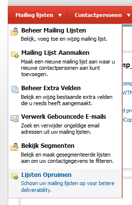 Het mailinglijsten opschonen menu in MailCamp