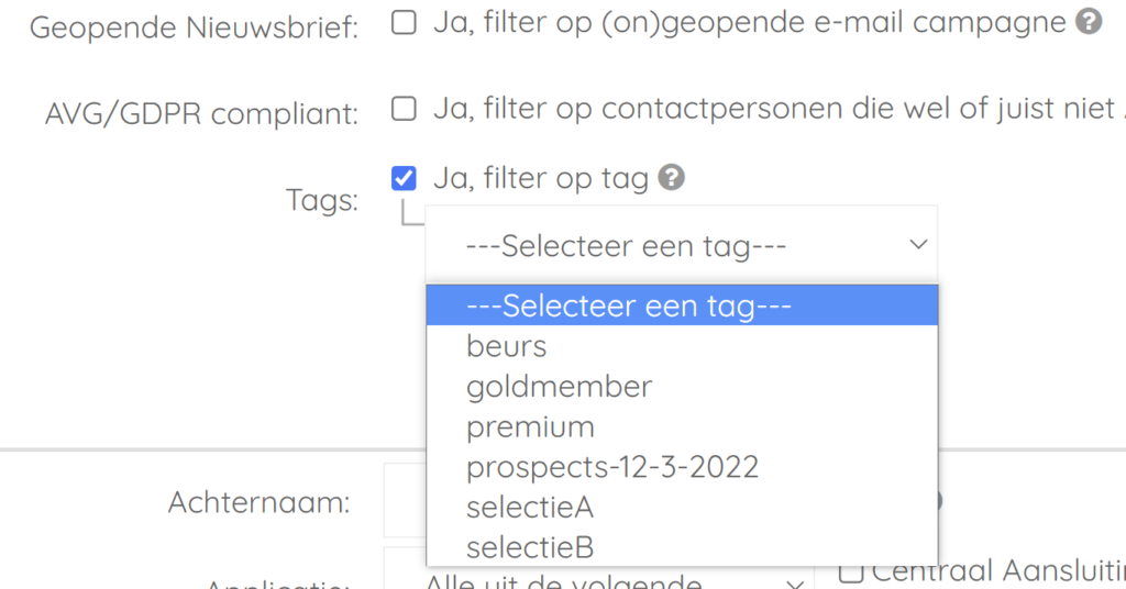 Filter op tags door bij verzending te kiezen voor Mailinglijst Filter.